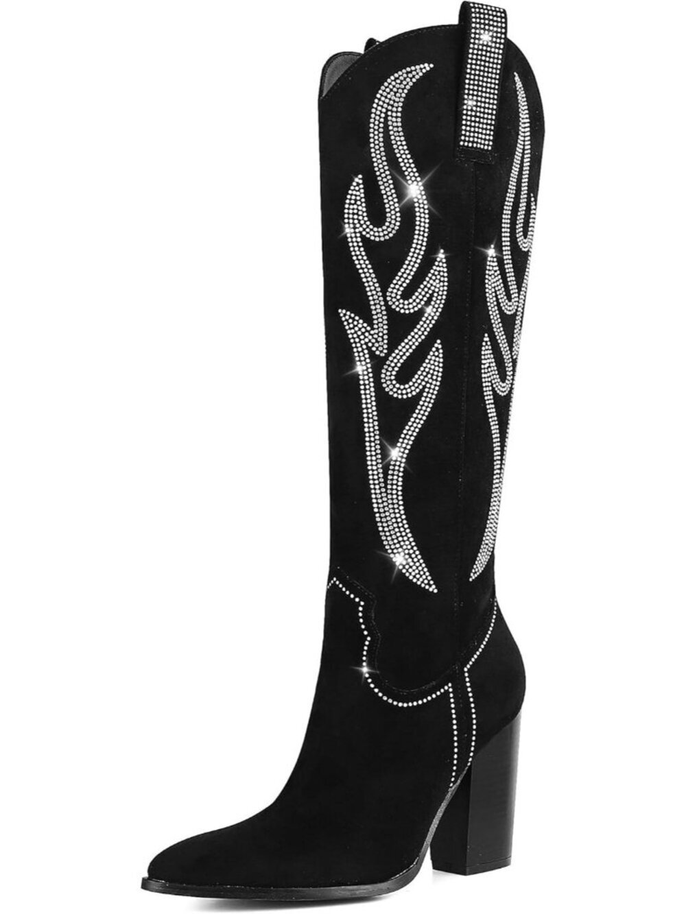 Women's Black Rubber Pointed Toe Rhinestones Embroidered Western Knee High Boot